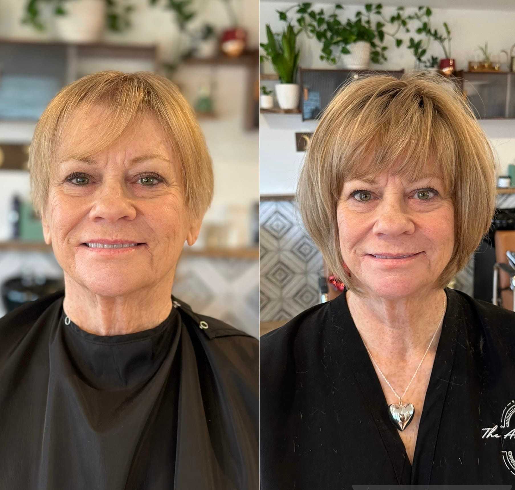 Before and after haircut of a smiling elderly woman in a hair salon.