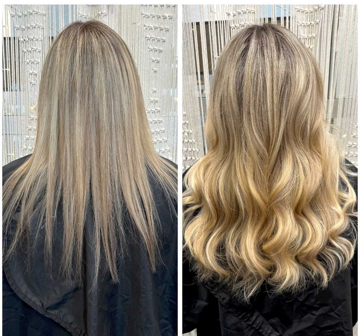 Before and after hair transformation showing straight hair turning into wavy, voluminous locks.