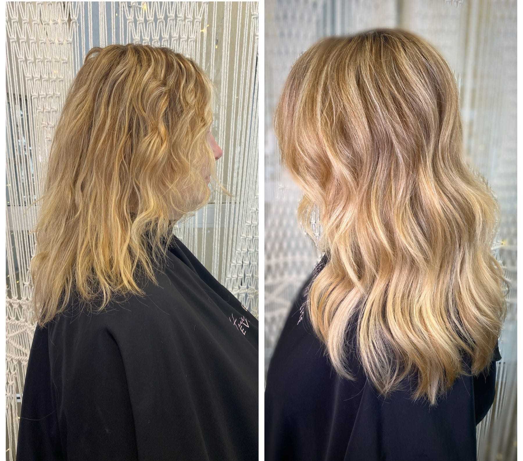 Before and after images of a woman with blonde hair styled in loose waves.