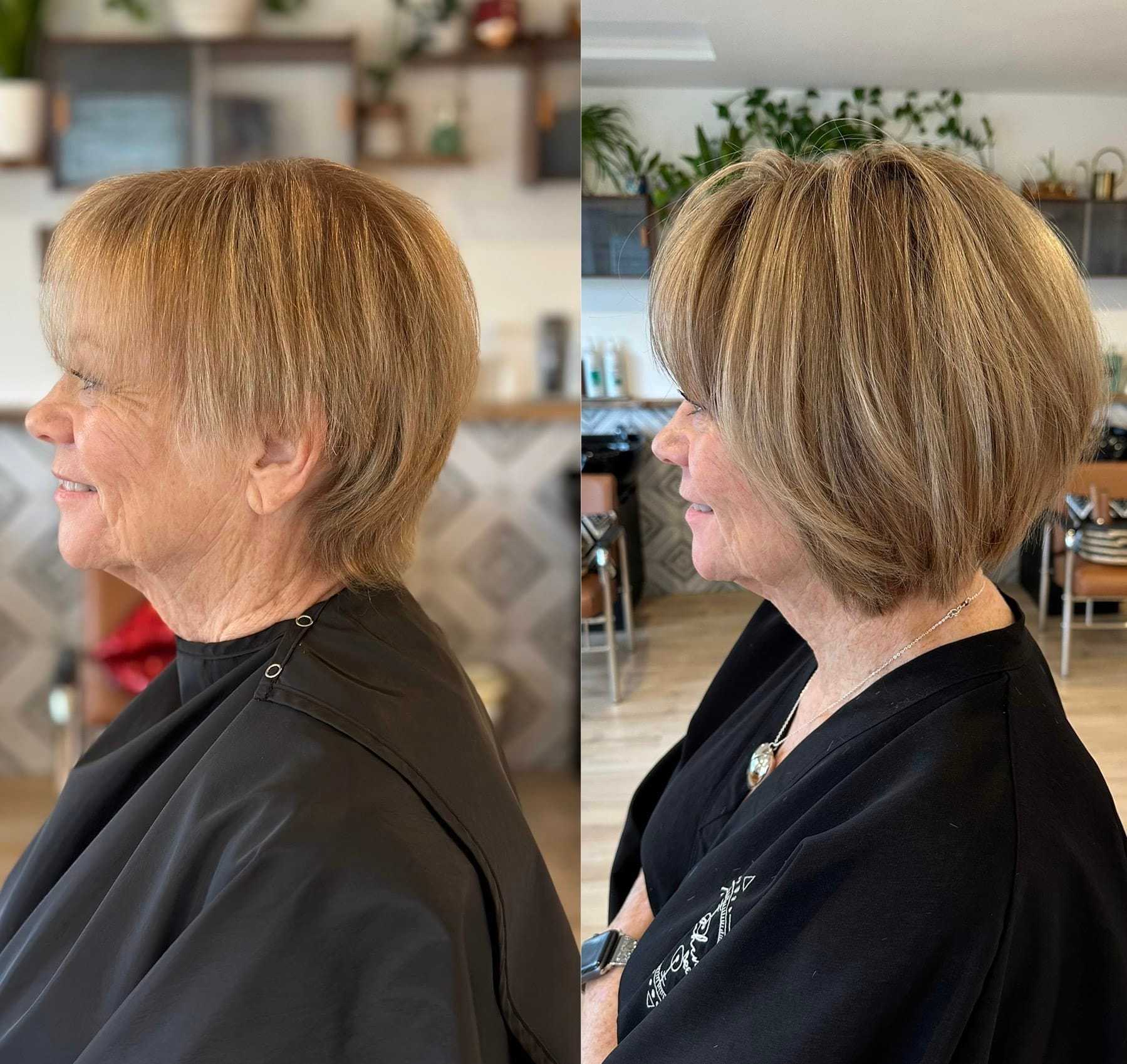 Side-by-side images of a woman with a short haircut in a salon setting.
